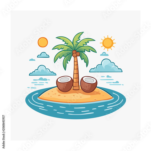 Tropical island with palm tree and coconuts illustration
