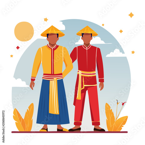 Two Men in Traditional Clothing with Conical Hats