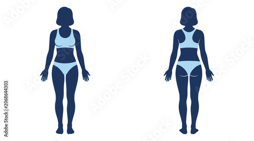 Female Body Silhouette Front and Back View, Light Blue Underwear, Isolated on White