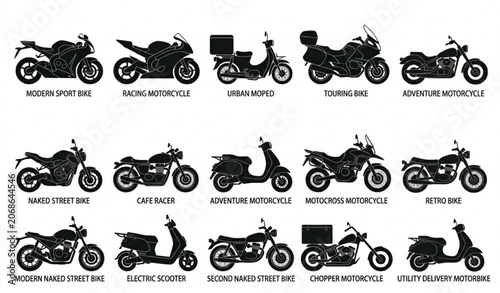 Foto Motorcycle Silhouette Vector Set with Sport Bike Scooter Chopper Motocross and Delivery Vehicle Side Views