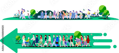 Photos 公園に集う多様な人々と矢印の中を歩く人々のベクターイラストセット