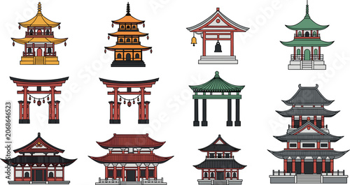 Obraz na plátně Set of flat vector illustrations of traditional Japanese architecture including pagodas Shinto torii gates Buddhist temples and historic wooden shrines for travel and culture