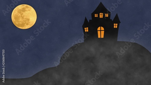 Animated night scene with on a misty hill under a full moon. Glowing orange windows, twinkling stars, and drifting fog create a spooky, cinematic atmosphere.