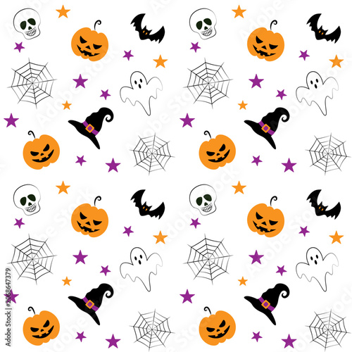 Cute Halloween elements seamless pattern vector background with spooky cartoon characters on white background