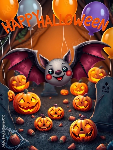 Cute bat in a spooky graveyard scene with jack-o-lanterns and cobwebs, surrounded by 