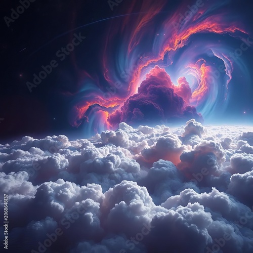 Cosmic landscape with swirling clouds of gas and dust, sparkling, space