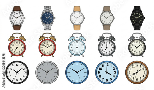 Photos Wristwatch alarm clock and round wall clock icon set isolated on white backgroun