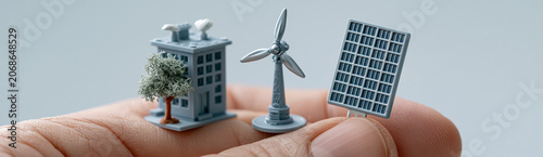 A close-up of a hand holding a miniature solar panel and a wind turbine model, symbolizing the evaluation of renewable energy investments. The composition offers a clean background with ample copy