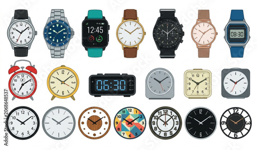 Foto Analog wristwatch and wall clock collection vector isolated on white background