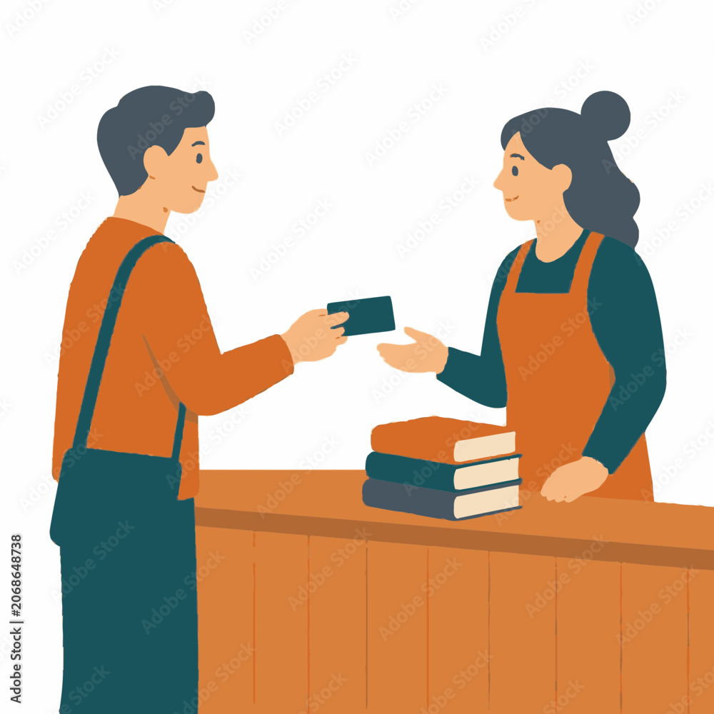Obraz premium Vector illustration of a male customer handing a credit card to a female cashier at a bookstore counter with a stack of books, featuring a clean, flat aesthetic on a white background.