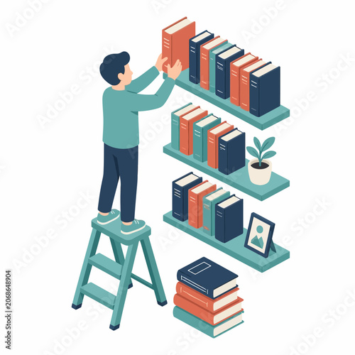 Isometric vector illustration of a man on a green stepladder organizing colorful books on a three-tier wall shelf unit featuring a potted plant and framed picture on a white background.