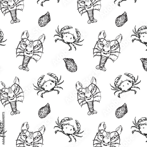 Photography A seamless vector pattern with sea animals (seafood) featuring a lobster, crab, and oyster