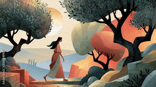 Mary Magdalene Walking from the Garden at Sunrise, Modern Sacred Illustration with Olive Trees and Copy Space