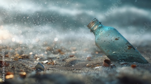 Discarded Plastic Bottle on Shoreline Representing Environmental Pollution