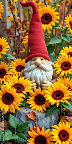 Autumn gnome surrounded by vibrant sunflowers and fall foliage, perfect for seasonal decor, leaves, nature