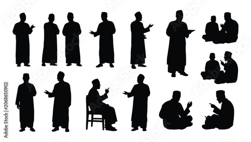Obraz na płótnie Collection of arab men silhouettes in various poses against a white background s