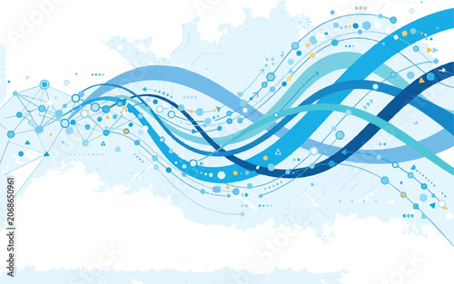 Abstract blue technology background with flowing dynamic wave lines and digital network data connection