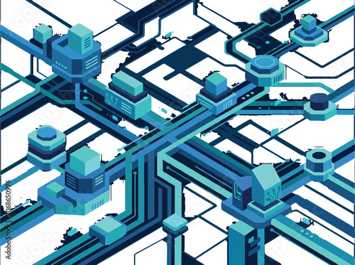 Isometric digital network database with server circuit pathways in futuristic technology system