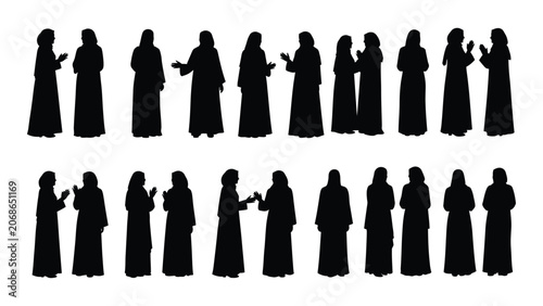 Obraz na płótnie Group of people in long robes with varied poses a black silhouette against a whi
