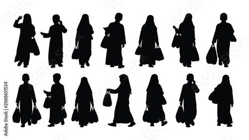Fotografie Collection of people carrying shopping bags in black silhouette against a white