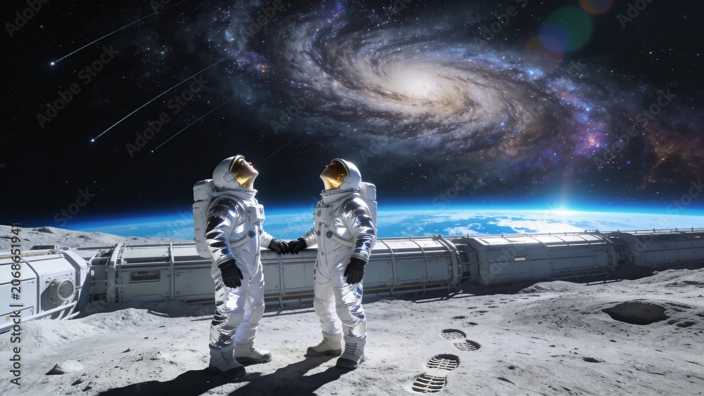 Fototapeta premium High-tech lunar explorers observing deep space from the Moon's surface, cinematic sci-fi concept
