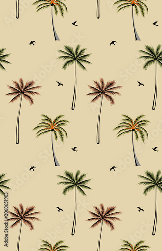 block solid modern textile vector design, arrangement with a medium dual-tone coconut tree motif and silhouettes of tiny birds, all-over seamless pattern with beige tone color illustration, digital.