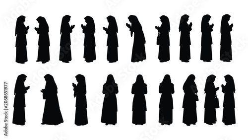 Foto Collection of nun figures in various poses presented as a black silhouette nuns