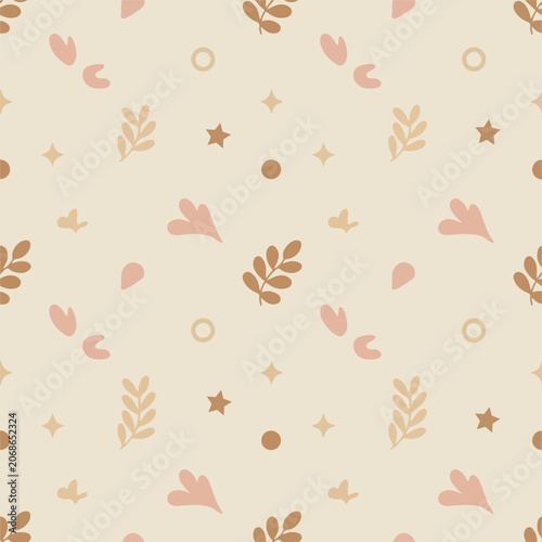 Minimalist boho seamless pattern with leaves and stars. Delicate boho botanical pattern for fabric and wrapping paper. Abstract seamless background with soft earthy leaves and sparkles. 