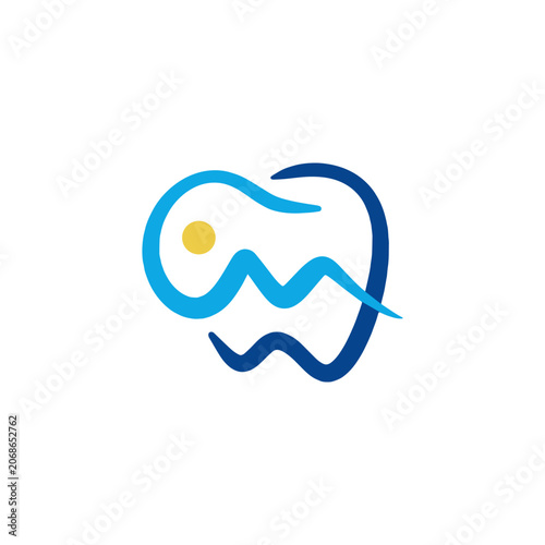 A stylized illustration of a tooth with blue wavy lines and a yellow dot