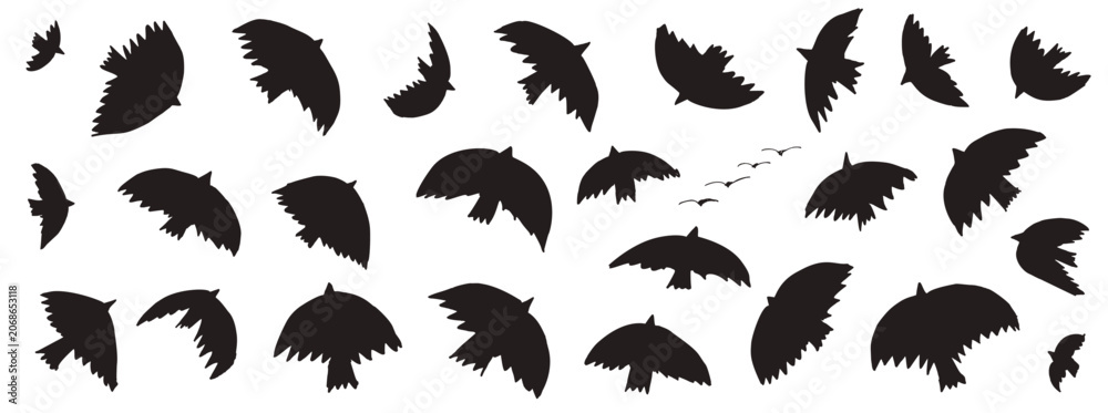 Fototapeta premium Bird flat silhouette set in simple black with flying dove shapes. Minimal bird icons as a set for pattern print or social post. Vector doodle in naive hand drawn dove and sketch art isolated on white