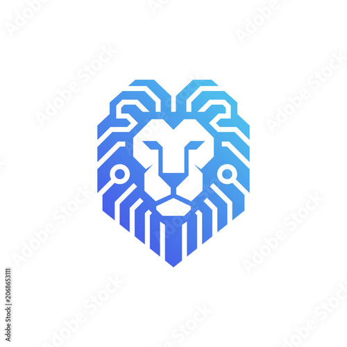 Abstract geometric lion head with circuit board details.