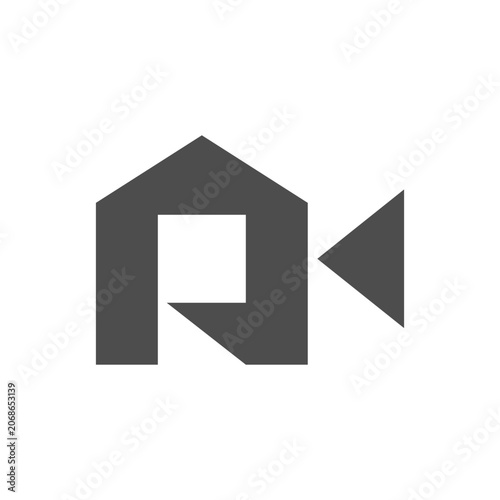 A gray house play button icon on a white background