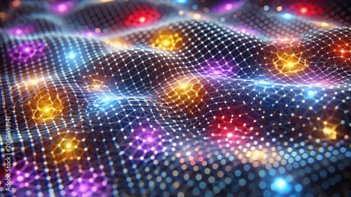 Video of glowing hexagonal mesh grid with futuristic digital patterns, representing technology, data and connectivity.