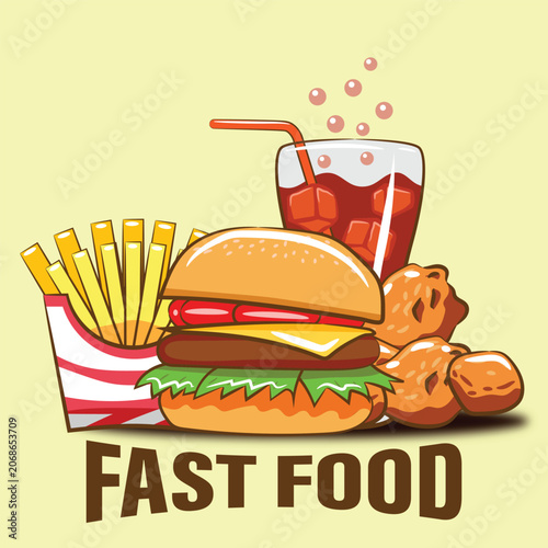 Fast food meal set with soda and fried chicken.