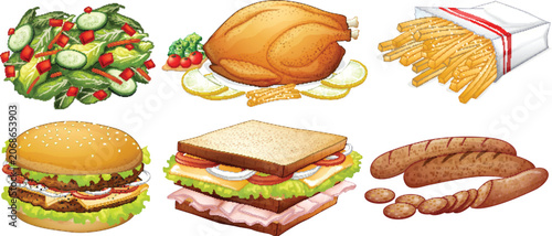 Various fresh ingredients and fast food items.