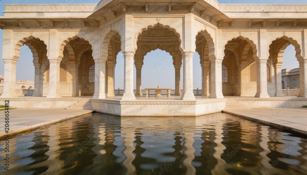Fototapeta premium Reflecting white marble pavilion with scalloped arches and jali in courtyard, with rippling pool