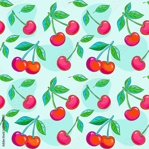 Bright cherry seamless pattern vector background with comic style cartoon berries on light blue background