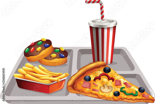 Fast food pizza slice and fries on a tray set.