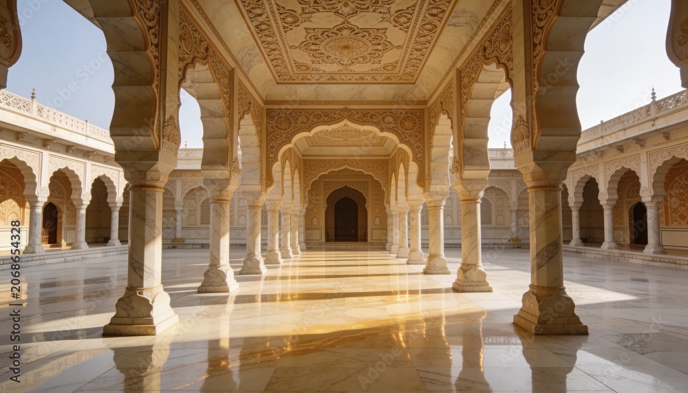 Fototapeta premium Framing central carved columns leading to dark doorway in palace arcade, showing floor reflections