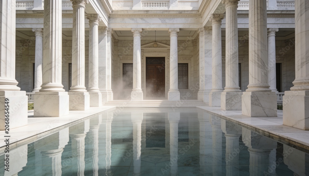 Fototapeta premium Highlighting marble columns reflecting in rectangular pool in courtyard, showing carved door