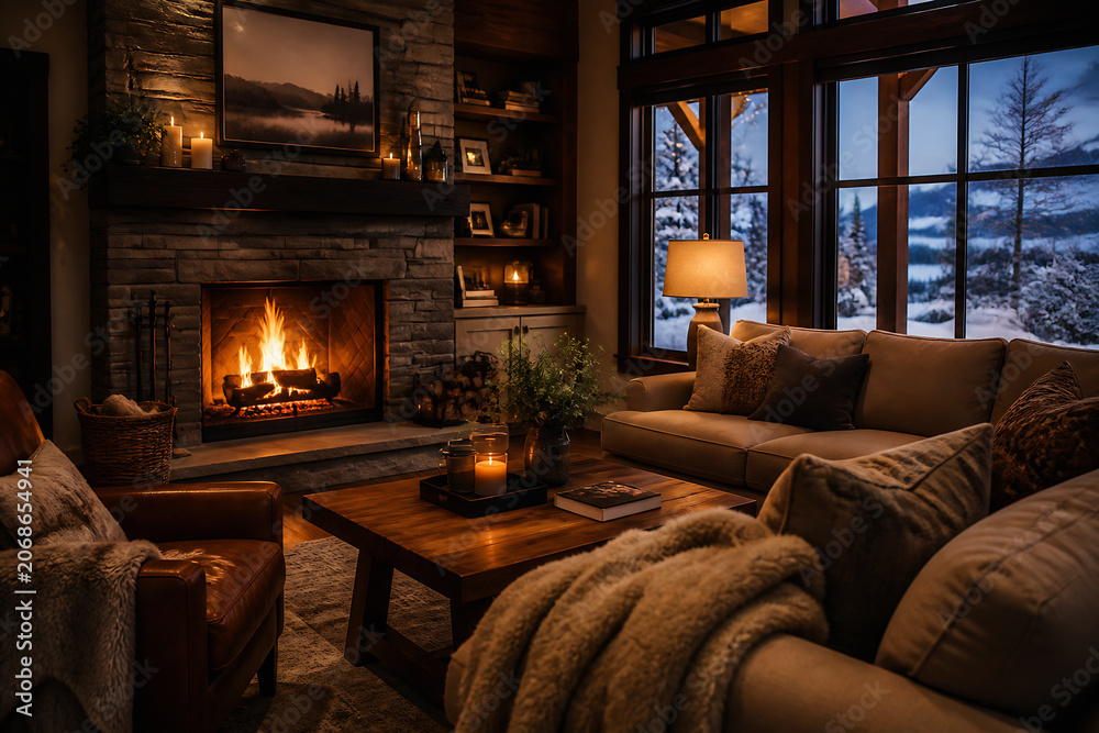 Obraz premium A cozy living room with a fireplace, comfortable seating, and large windows overlooking a snowy landscape.