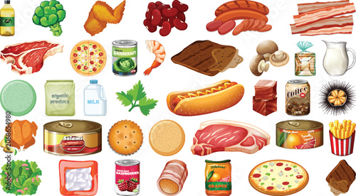 Sticker set of various grocery food products.