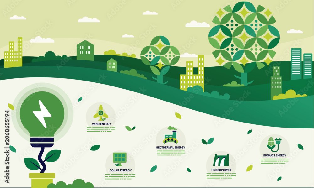 Naklejka premium Renewable energy, green energy concept with icons for web banner background vector. Ecology, sustainable environment development and clean industrial factory, electricity, renewable energy sources.