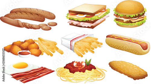 Pixel art fast food and breakfast meal icons.