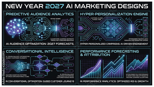 Fotografía 2027 AI marketing design dashboard with predictive audience analytics and hyper-