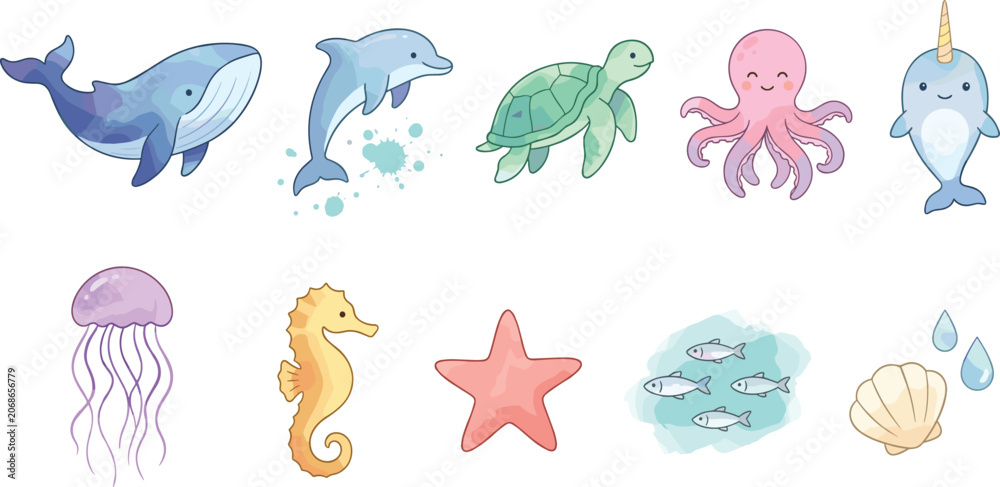 Obraz premium Watercolor Ocean Animal Collection with Whale Dolphin Turtle Octopus Narwhal Jellyfish and Marine Life Vector Illustration Set