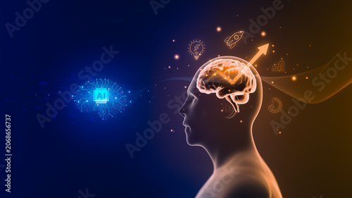 Human head with glowing brain and upward growth arrow next to AI circuit chip, creativity and innovation icons, blue and orange tones, 3D illustration