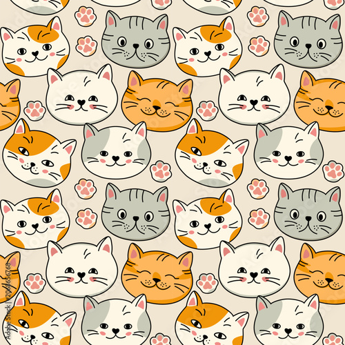 Cute cat faces and paw prints seamless pattern vector background with cartoon kitten heads