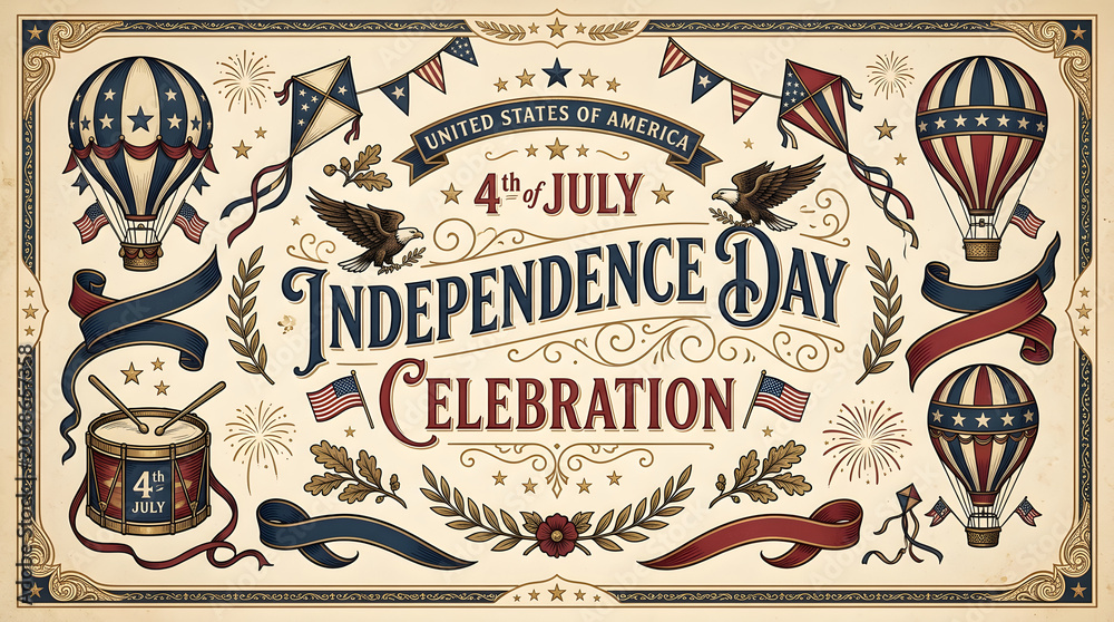 Fototapeta premium Vintagestyle illustration celebrating independence day with patriotic symbols and decorations on a beige background