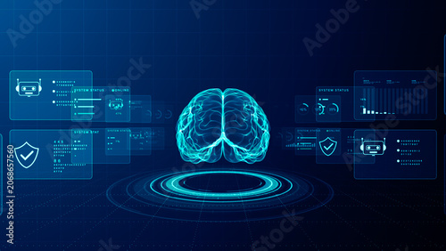 Futuristic AI agent intelligence concept with digital brain visualization, analytics dashboards, cybersecurity monitoring, and autonomous data processing technology, 3d rendering